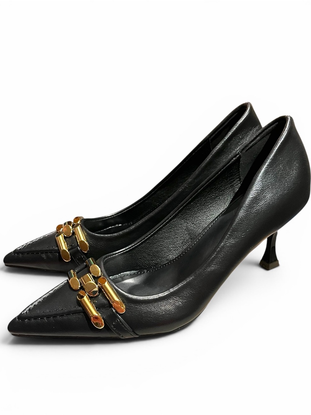 Black Pointed Toe Heels with Gold Accents